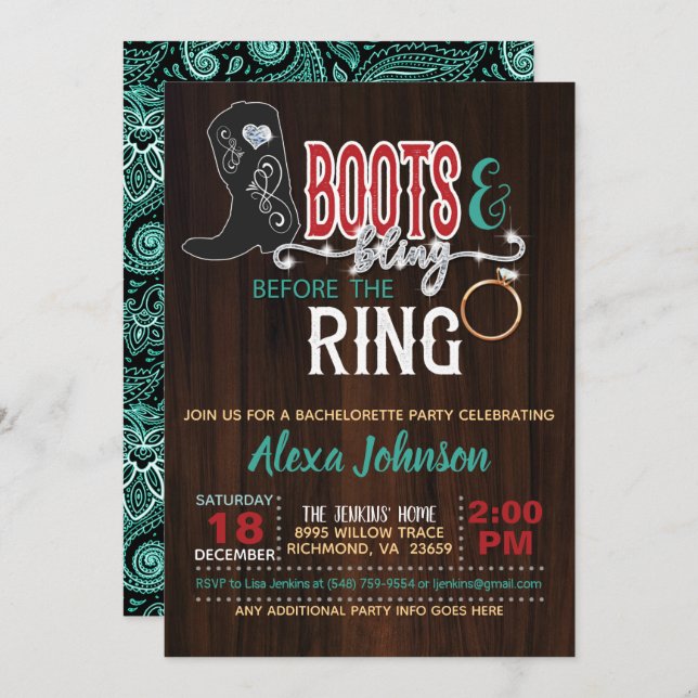 Convite Boots & Bling Before Ring Invitation - Turq (Frente/Verso)