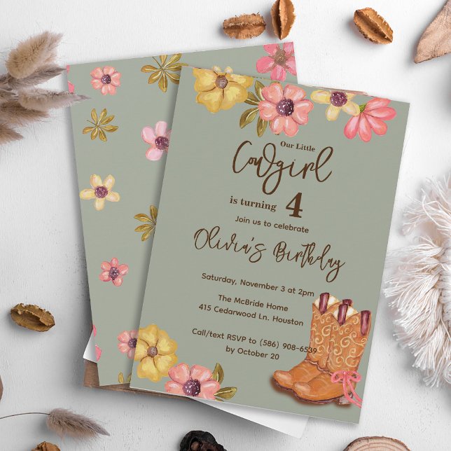 Convite Boots Boot Birthday (Flores de Boho Ocidental) (Criador carregado)