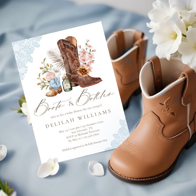 Convite Boots & Botles Blue Cowboy Chá de fraldas Ocidenta (Boots & Bottles Blue Cowboy Western Baby Shower Invitation)