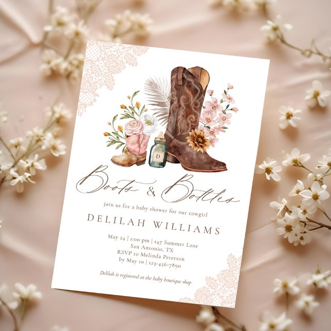 Convite Boots & Botles Pink Cowgirl Western Chá de fraldas (Boots & Bottles Pink Cowgirl Western Baby Shower Invitation)