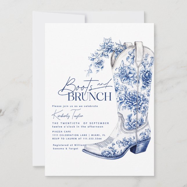 Convite Boots & Brunch Blue Chinoiserie Chá de panela (Frente)