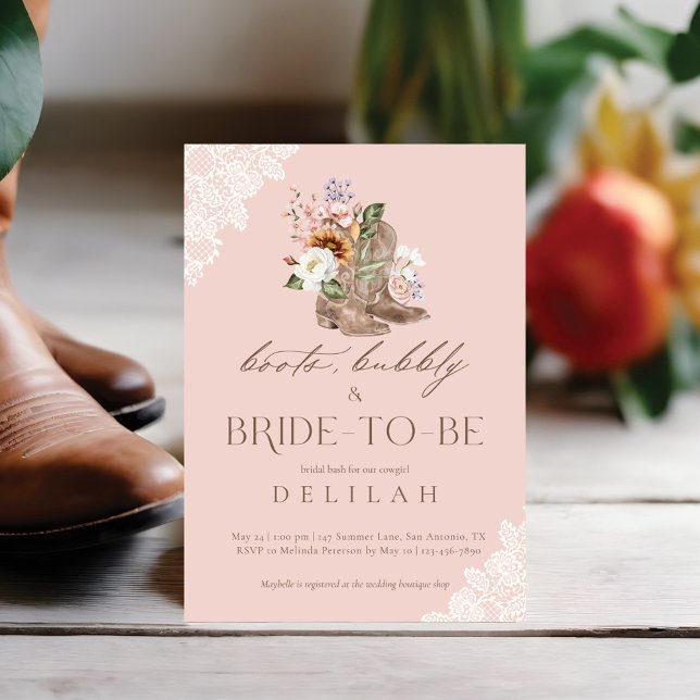 Convite Boots Bubble & Bride para ser Chá de panela Ociden (Boots Bubbly & Bride to Be Western Bridal Shower Invitation)