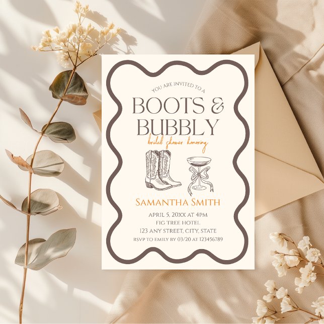Convite Boots & Bubble Chá de panela Mão Ilustrada (Boots and Bubbly Bridal Shower Invitation)