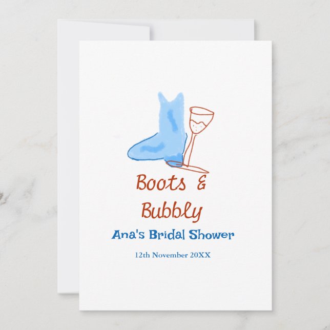 Convite Boots & bubble champagne garrafa chá de panela azu (Frente)