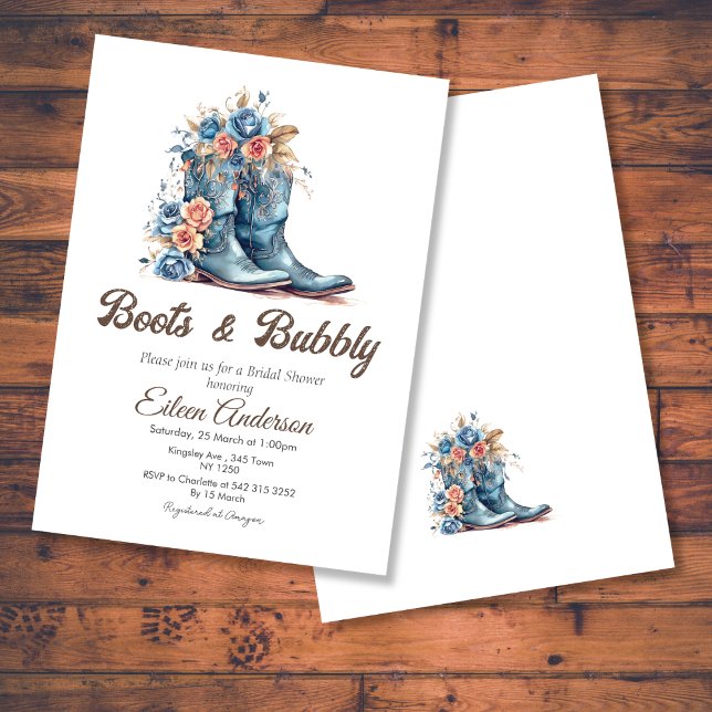 Convite Boots & Bubble Cowgirl Blue Boots Chá de panela (Boots & Bubbly Cowgirl Blue Boots Bridal Shower Invite)