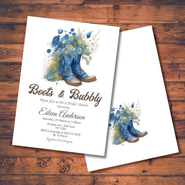 Convite Boots & Bubble Western Cowgirl Chá de panela Azul (Boots Bubbly Western Cowgirl Blue Bridal Shower Invite)