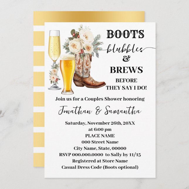 Convite Boots Bubbles & Brews Winter Bridal Shower (Frente/Verso)