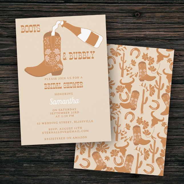 Convite Boots Bubbles Russo Western Country Chá de panela (Boots Bubbly Rustic Western Country Bridal Shower Invitation)