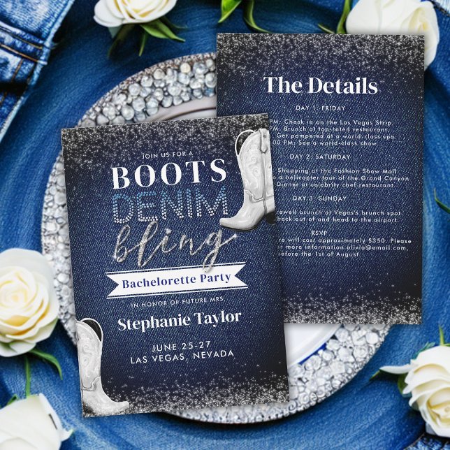 Convite Boots Denim Bling Diamantes Festa de solteira Chic (denim and diamonds bachelorette party invitation weekend bridesmaids girls road trip boots bling )