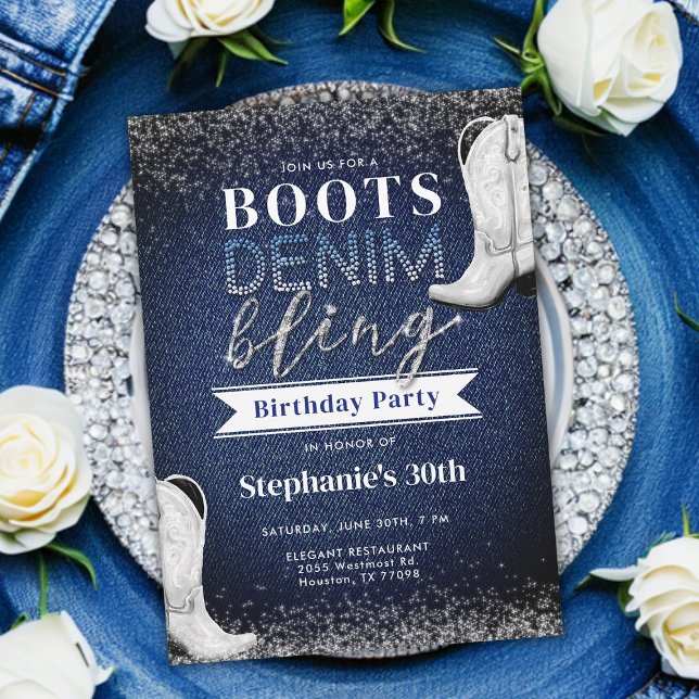 Convite Boots Denim Bling Diamond Blue Jeans (denim and diamonds 30th birthday party invitation boots bling rhinestones glam glitz glitzy cowgirl)