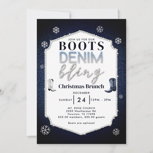 Convite Boots Denim Bling Frame Christmas Church Brunch (Frente)