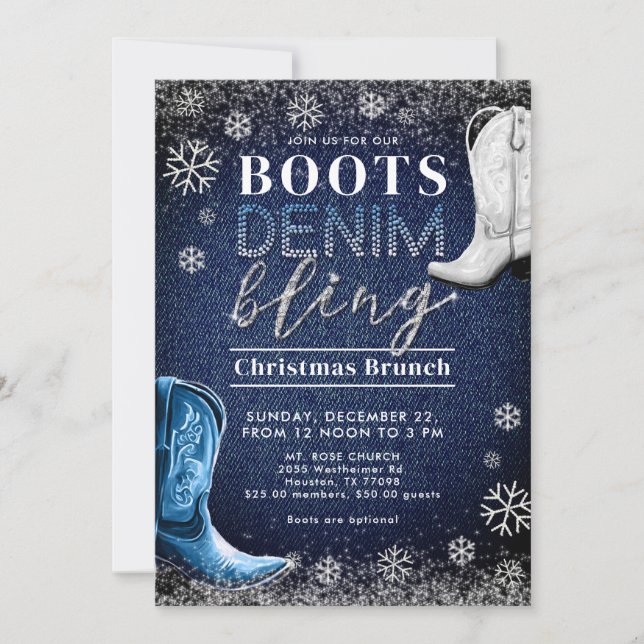 Convite Boots Denim Bling Snow Frame Blue Festa de Natal (Frente)