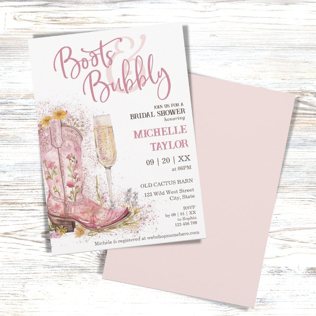 Convite Boots e Bubbles Floral Oeste Selvagem Rosa (Criador carregado)