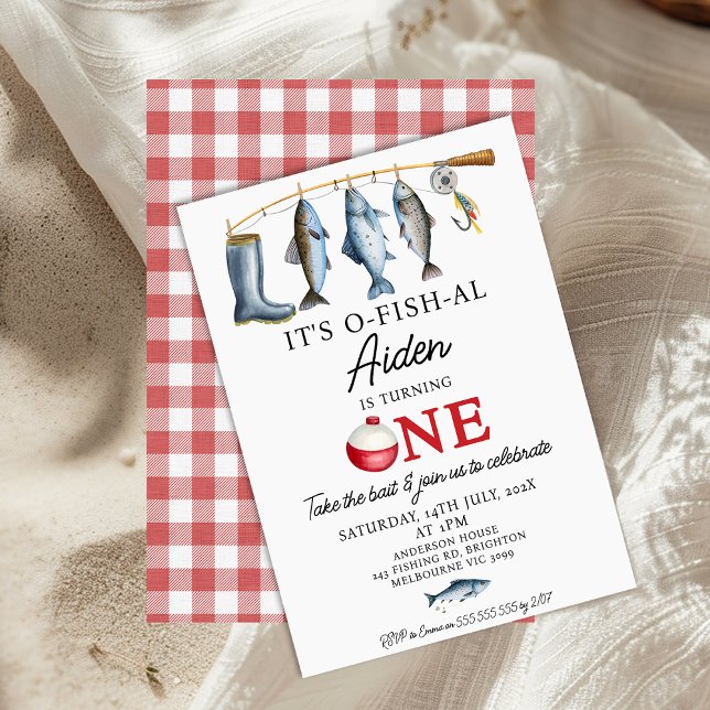 Convite Boots Fisheries Rod É O-Fish-AL primeiro aniversar (It's O-fish-al 1st Birthday Invitation Boy, Ofishally One, Fishing Themed First Birthday Invite, )