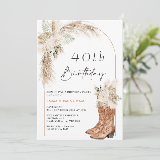 Convite Boots Floral aniversário de 40 anos do Boho Beige (Em pé/Frente)