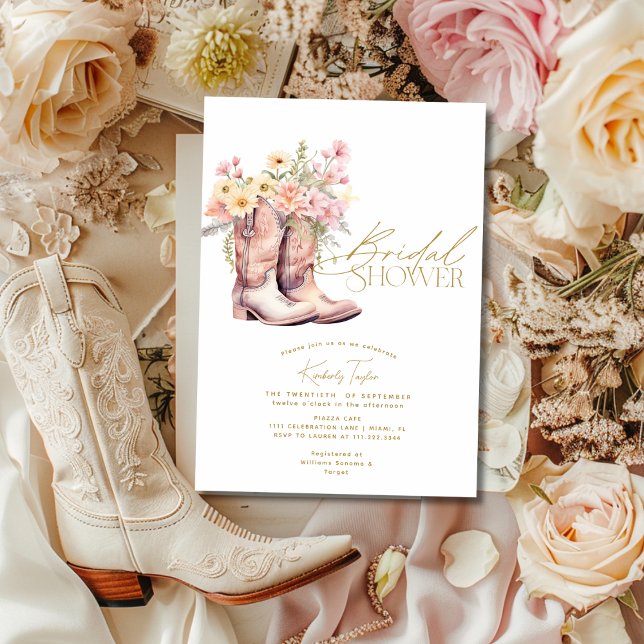 Convite Boots Floral Flowers Floral Chá de panela De Garot (Boots Floral Flowers Floral Cowgirl Bridal Shower Invitation)