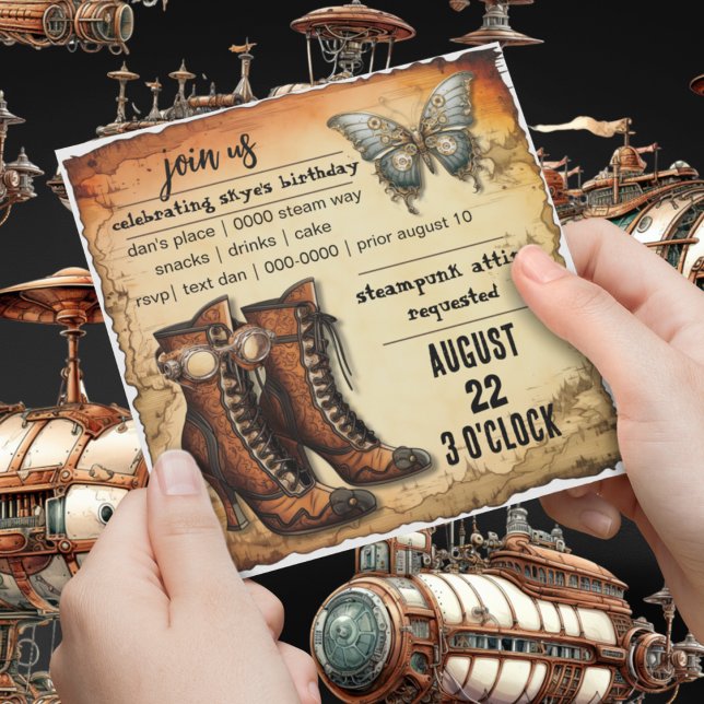 Convite Boots vitorianos | Borboleta Steampunk | Aniversár (Steampunk journey boots and steampunk butterfly on customizable party invitation for him or her. )