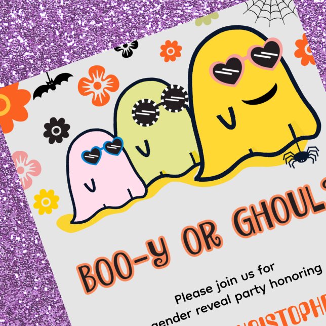 Convite Booy ou Ghoul 70s Ghost Halloween (Booy-or-Ghoul-70s-Ghost-Halloween-Gender-reveal-Invitation-1)