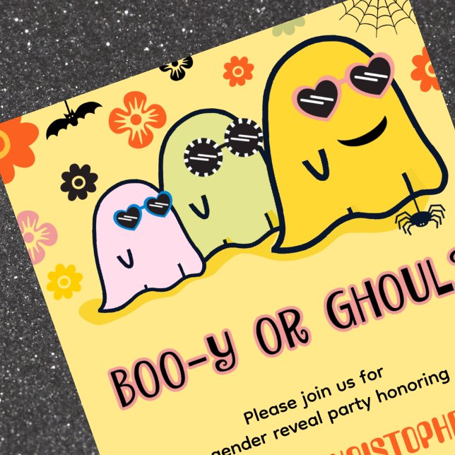 Convite Booy ou Ghoul Groovy Ghost Halloween O gênero reve (Booy-or-Ghoul-Groovy-Ghost-Halloween-Gender-reveal-Invitation-1)