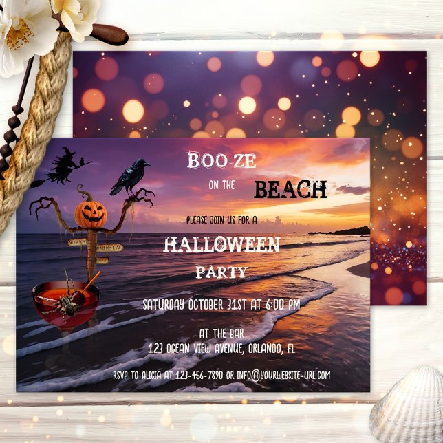Convite Booze no Praia Halloween Cocktail Party (Halloween cocktail party invitation featuring a sunset on the beach with a cocktail, witch and raven)
