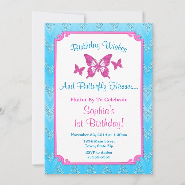 Convite Borboleta Aniversário primeiro aniversario Rosa de (Frente)