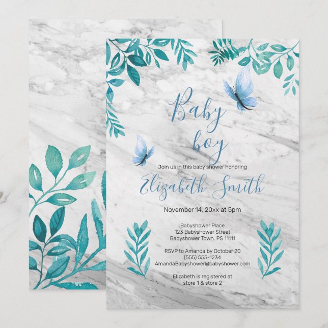 Convite Borboleta azul-azul-de-cor floral doce marble (Frente/Verso)