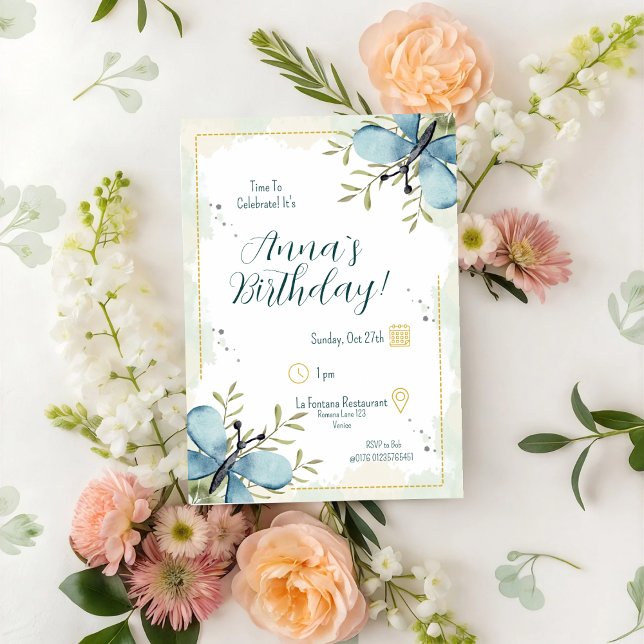 Convite Borboleta Azul Claro Aquarela Aniversário (Criador carregado)