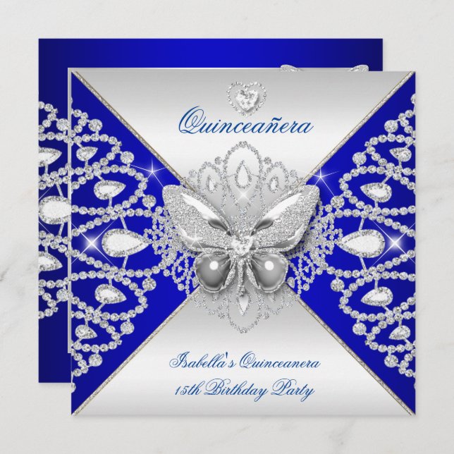 Convite Borboleta Azul de Silver Quinceanera 15 (Frente/Verso)