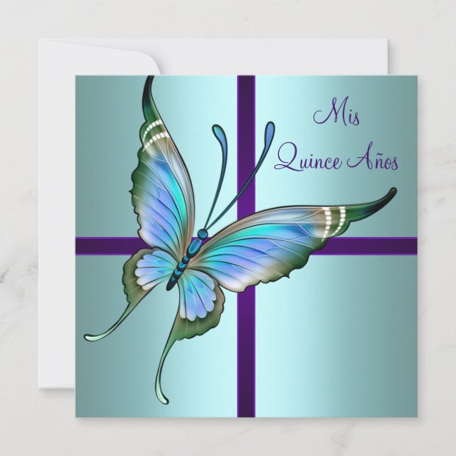 Convite Borboleta Azul Turquesa Quinceanera (Frente)