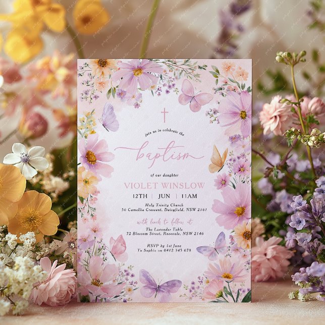 Convite Borboleta Baptisma Floral Rosa Púrpura (Pink Purple Floral Baptism or Christening Invitation with flowers and butterflies.)