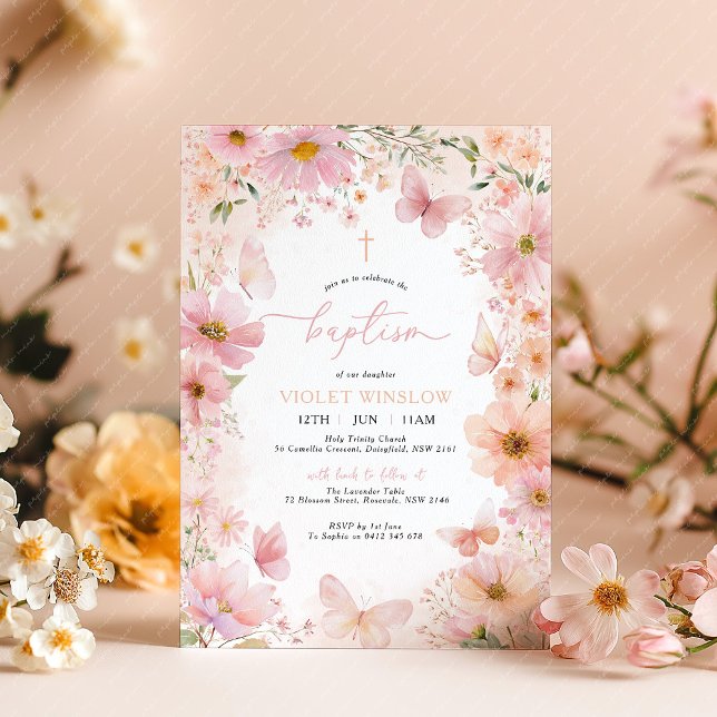 Convite Borboleta Baptisma Rosa Floral Menina Rosa (Pink Peach Floral Baptism Invitation. Pretty floral Christening invitation with flowers & butterfly)