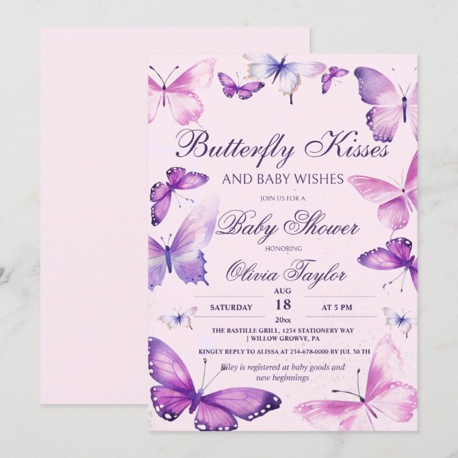 Convite Borboleta Beija Chá de fraldas Rapariga Rosa Púrpu (Frente/Verso)
