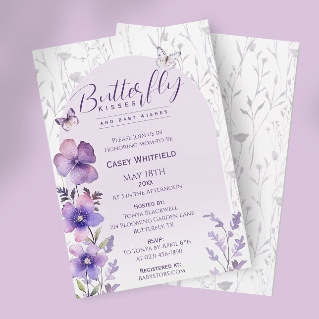 Convite Borboleta Beija Chá de fraldas Roxo Boho (Butterfly Kisses Purple Boho Baby Shower Invitation)