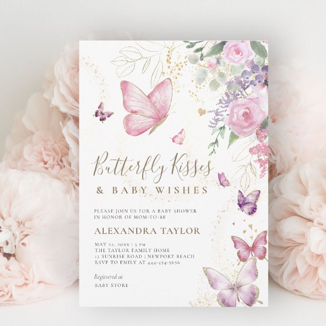Convite Borboleta Beija Deseja Chá de Bebê Floral (butterflies baby shower invitation butterfly kisses pink purple gold floral elegant garden party)