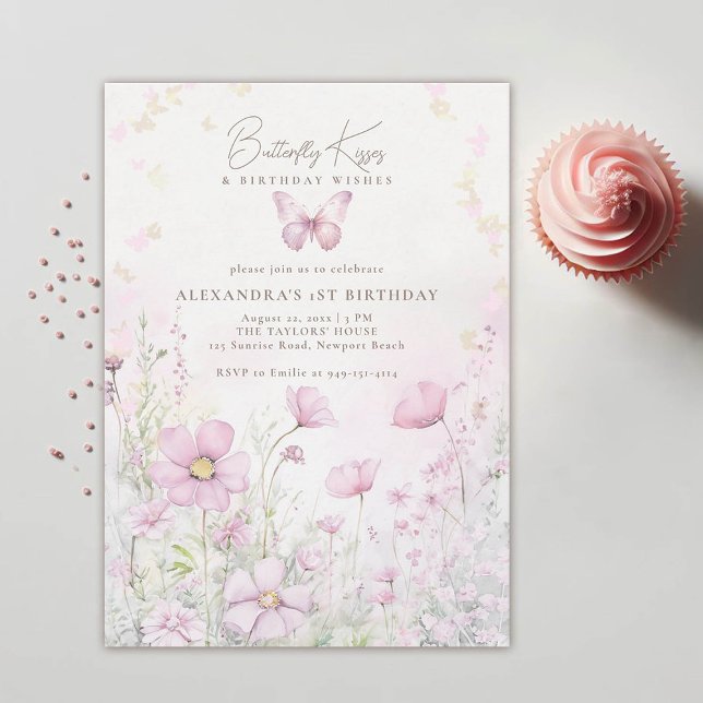 Convite Borboleta Beija Deseja primeiro aniversario de flo (butterfly kisses birthday wishes pink wild flowers garden 1st birthday girl invitation template)