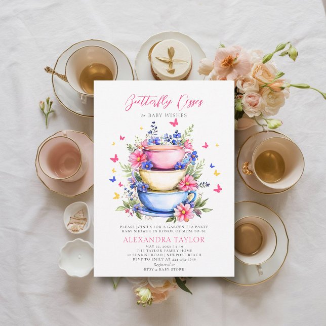 Convite Borboleta Beija Flores Selvagens Tea Baby Girl Chá (butterfly kisses baby shower invitation wildflowers garden tea party colorful summer spring)