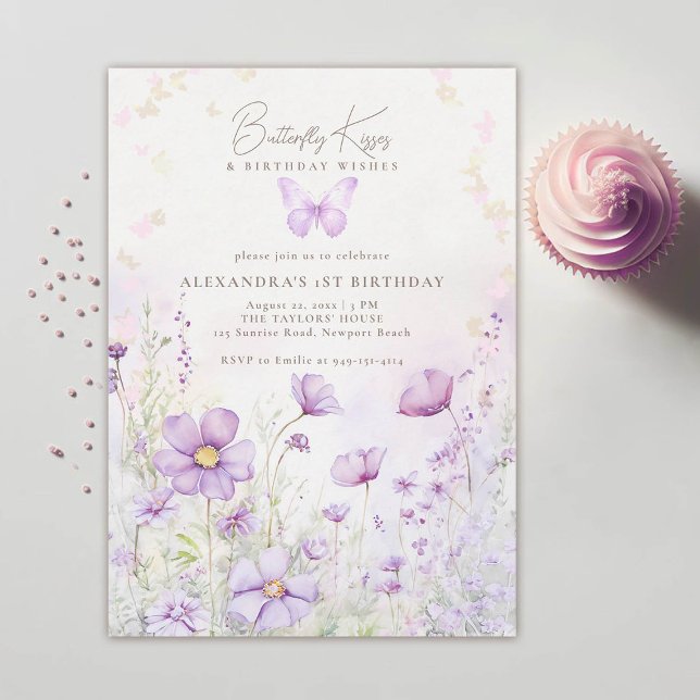 Convite Borboleta Beija primeiro aniversario Roxo de Flore (butterfly kisses birthday wishes purple wild flowers garden 1st birthday girl photo invitation)