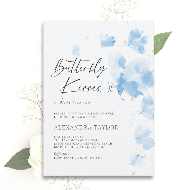 Convite Borboleta Beija Sonhadora Aquarela Chá Bebê (butterfly baby shower theme boy invitation watercolor whimsical dreamy blue garden party )