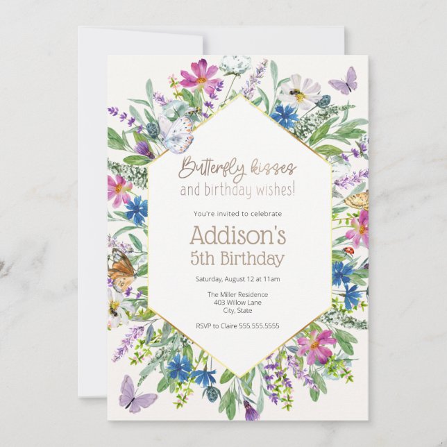 Convite Borboleta Beijos e Aniversário Desejam Aniversário (Frente)