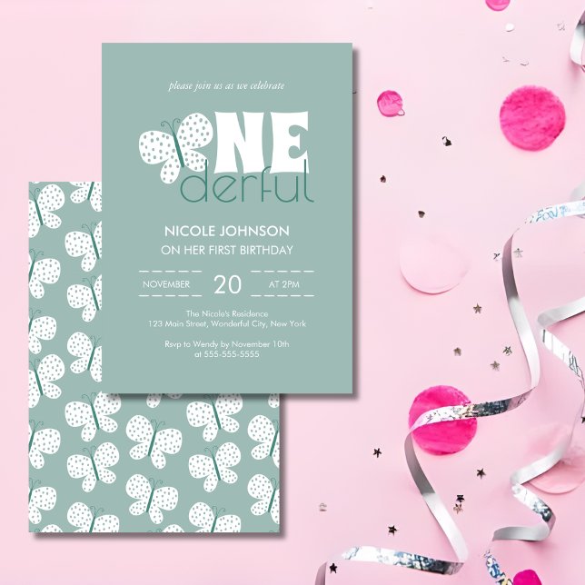 Convite Borboleta-borboleta primeiro aniversario Azul-poei (Criador carregado)