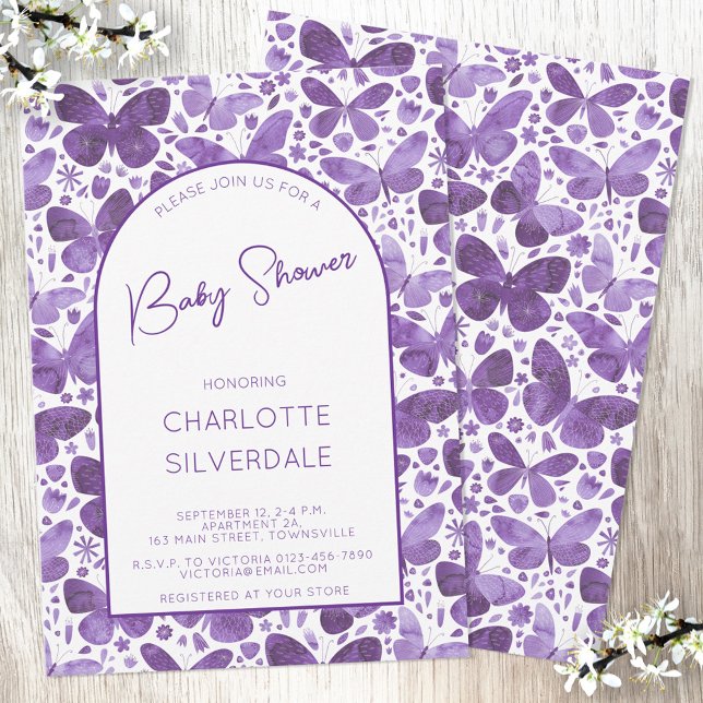 Convite Borboleta Chá de fraldas Aquarela Puro (Purple watercolor butterfly pattern gender neutral baby shower invitation with custom text)