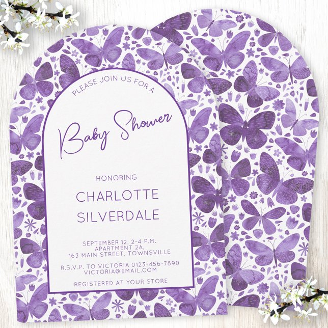 Convite Borboleta Chá de fraldas Aquarela Puro (Purple watercolor butterfly pattern gender neutral baby shower arch invitation with custom text)