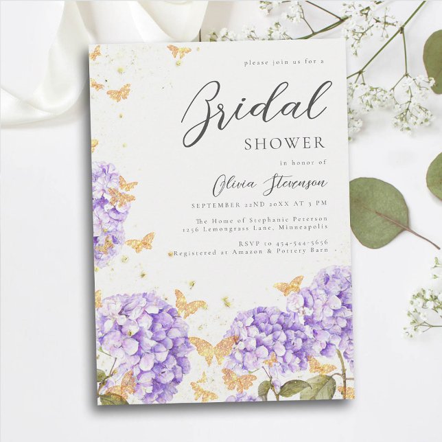 Convite Borboleta Chá de panela Dourado Roxo Hydrangea (hydrangea bridal shower invitation floral flowers garden rustic butterflies purple gold romantic )