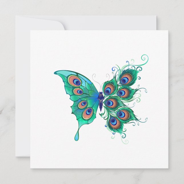Convite Borboleta com Penas de Pavão Verde (Frente)