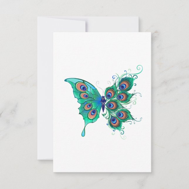 Convite Borboleta com Penas de Pavão Verde (Frente)