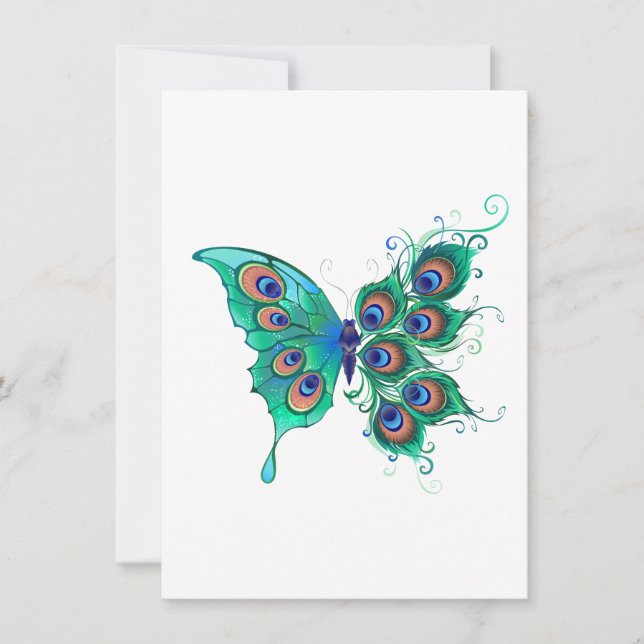 Convite Borboleta com Penas de Pavão Verde (Frente)