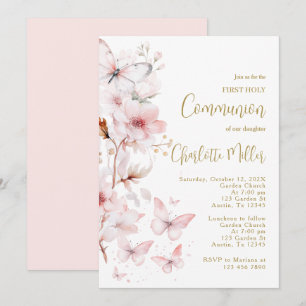 Convite Borboleta Cor-de-Rosa Blush - Primeira Menina Comu