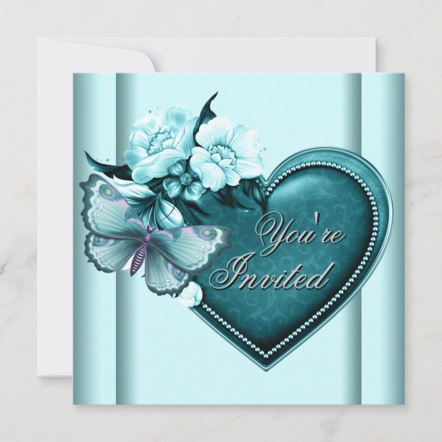 Convite Borboleta Coração Azul Turquesa Festa Azul Turques (Frente)