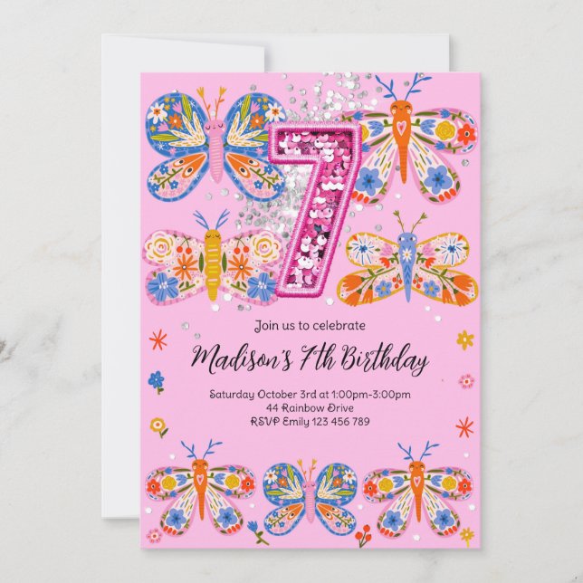 Convite Borboleta de 7 Birthday (Frente)