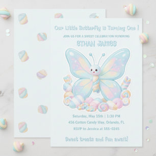 Convite Borboleta de Algodão Doce Azul Aniversário Infanti